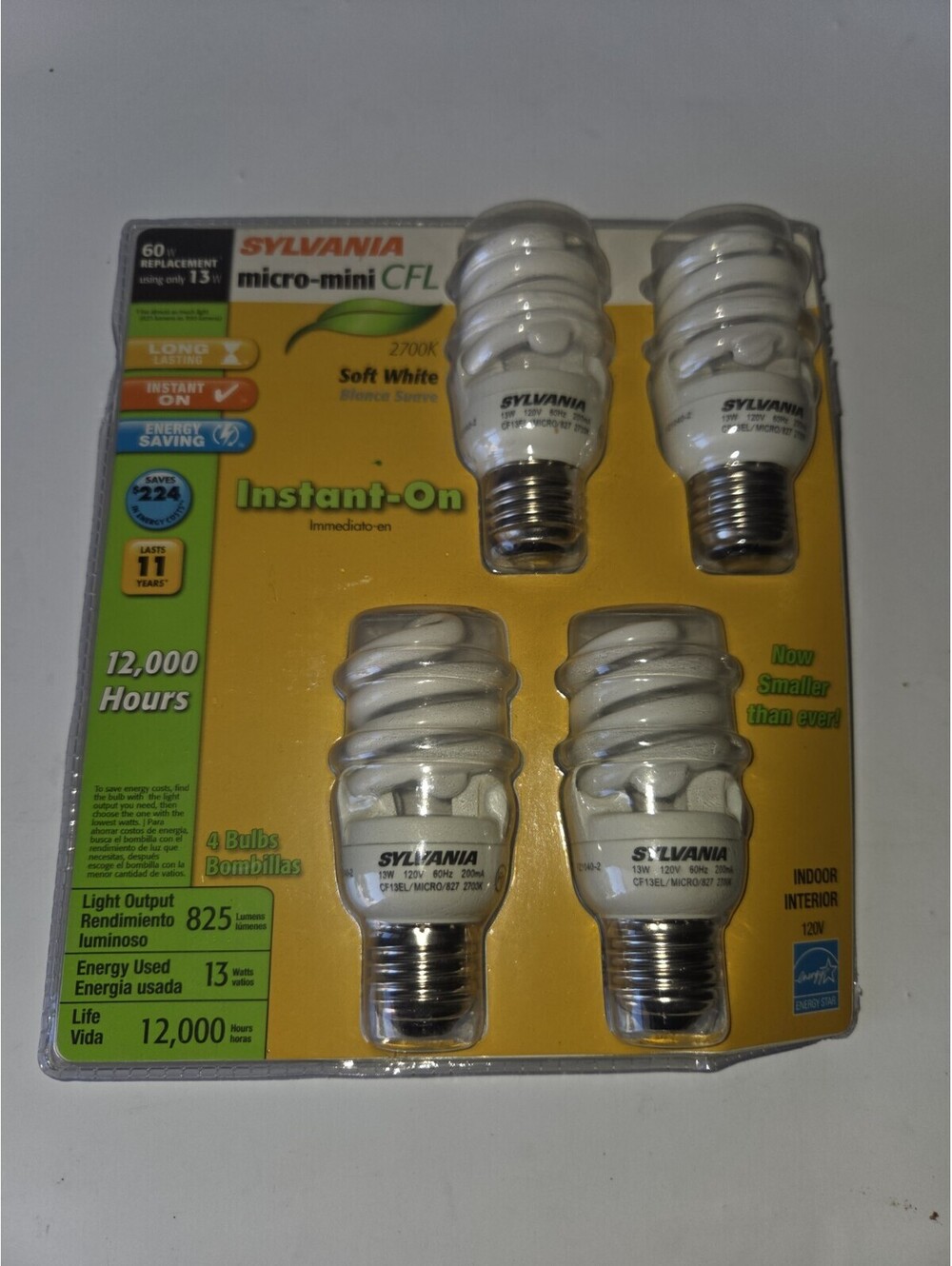 Sylvania Micro-Mini CFL 13W Soft White 60W Replacement 4-Pack New Sealed SF2